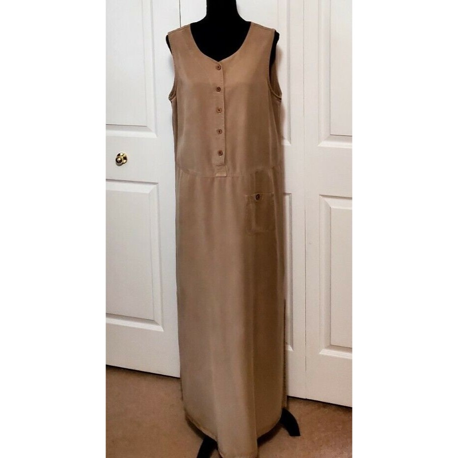 Vintage 90's Aks Amy K Su Khaki Brown Maxi Dress Sz L Sleeveless Kaftan Maxi Euc